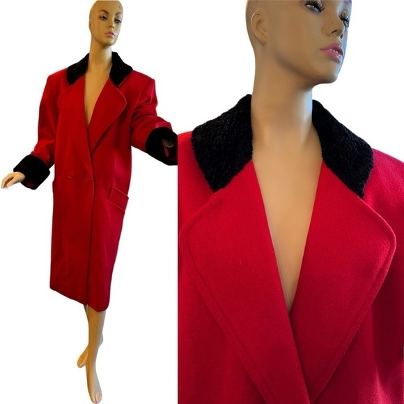 Vintage Red Wool Coat with Black Velvet Trim - Picture 1 of 8